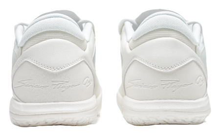 Pair of pure white low-top basketball shoes, rear view with cushioned heel