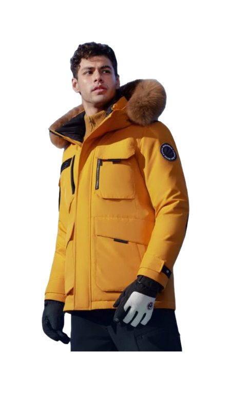 Yellow down jacket with faux-fur hood, front zip, and flap chest pockets.
