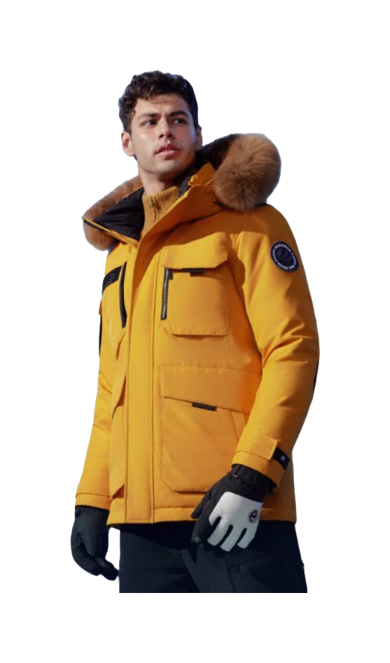 Yellow down jacket with faux-fur hood, front zip, and flap chest pockets.