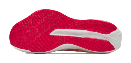 Red textured outsole with white midfoot stripe and flex grooves