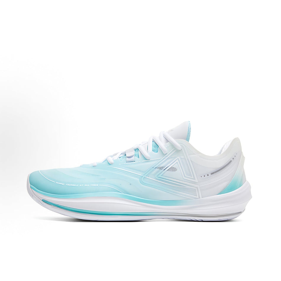 Ice blue and white low-top basketball shoe with lace-up front and sleek midsole.
