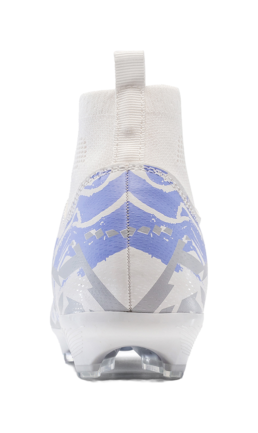 White high-top soccer shoe with blue pattern on heel and sock collar