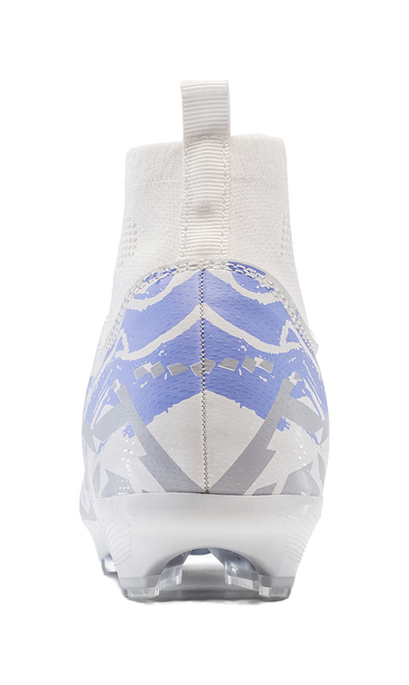 White high-top soccer shoe with blue pattern on heel and sock collar