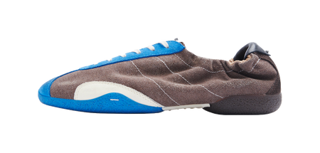 Low-top training sneakers, brown fabric upper with blue trim and white side panel