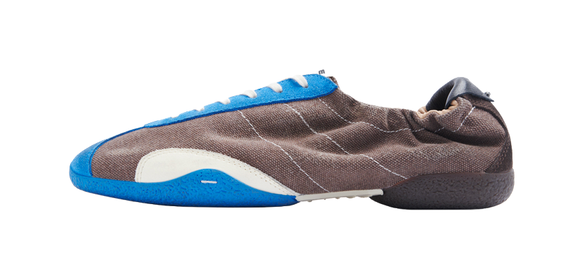 Low-top training sneakers, brown fabric upper with blue trim and white side panel