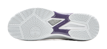 Outsole of a white and purple table tennis shoe with zigzag tread pattern
