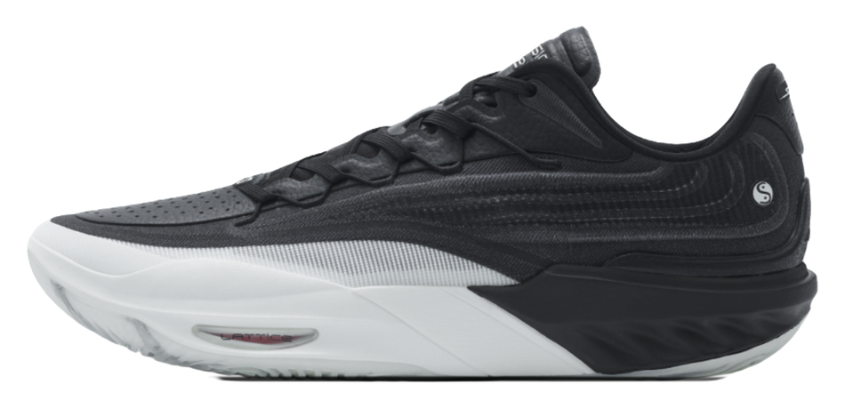 Mens low-top basketball sneakers, black upper with white sole trim and lace-up