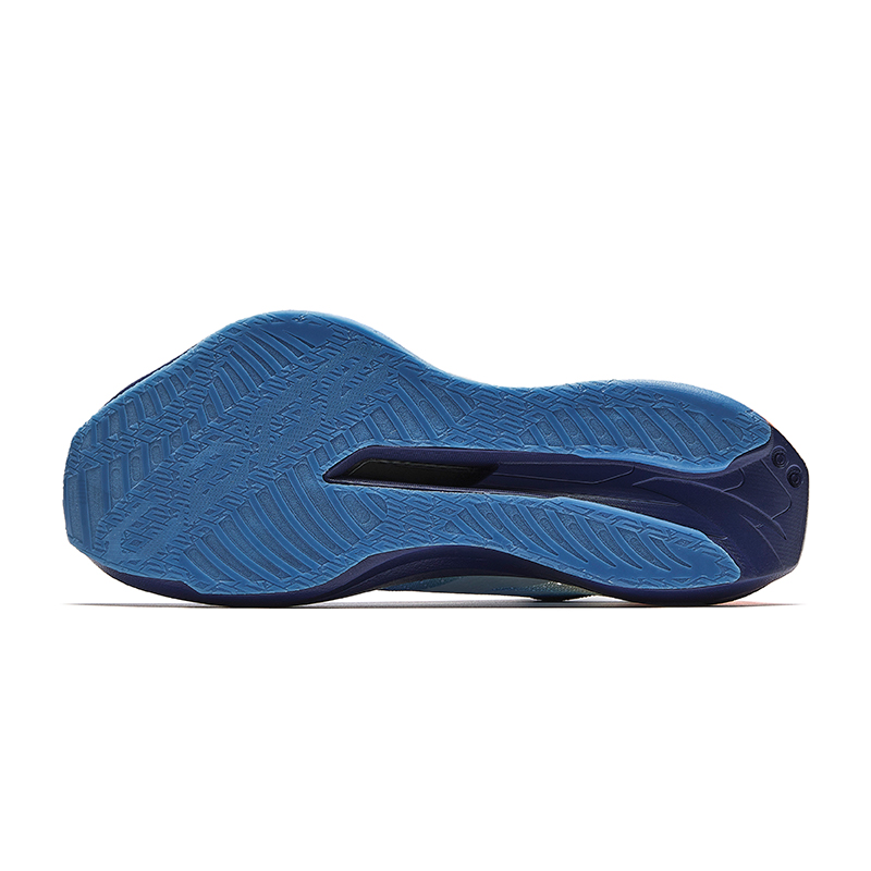 Men's running shoe outsole in blue with textured traction pattern and molded grooves