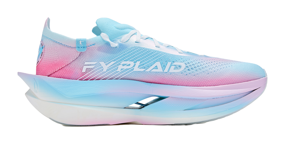 Men's running shoes side view: light blue and pink knit upper, white midsole