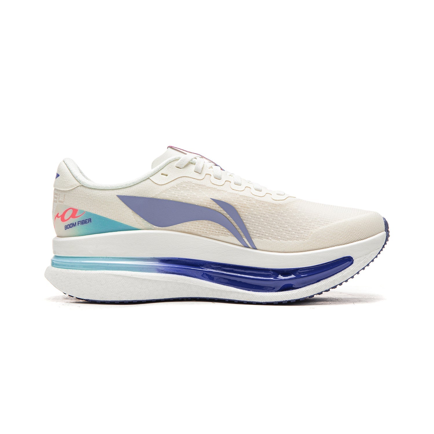 Women’s running shoes, champagne white upper with blue side logo and light blue sole
