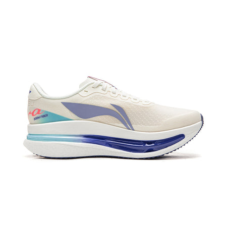Women’s running shoes, champagne white upper with blue side logo and light blue sole