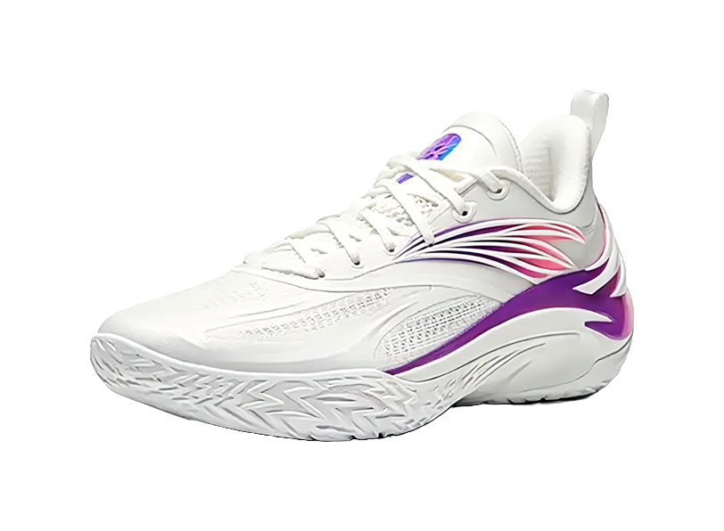 Anta basketball shoe in white with purple side stripe and pink accents