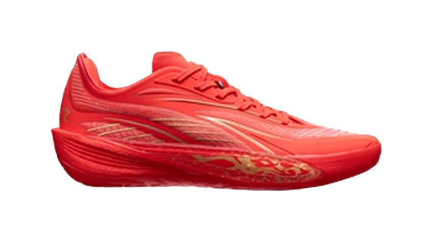 Red basketball shoe side view with patterned stripes and gold emblem