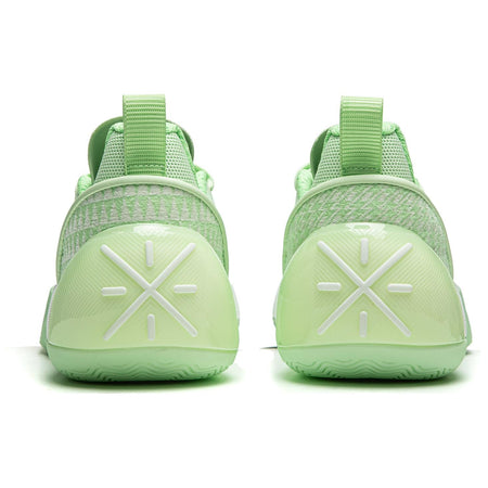 Agile green basketball shoe heel view with padded ankle collar and rear webbing strap.