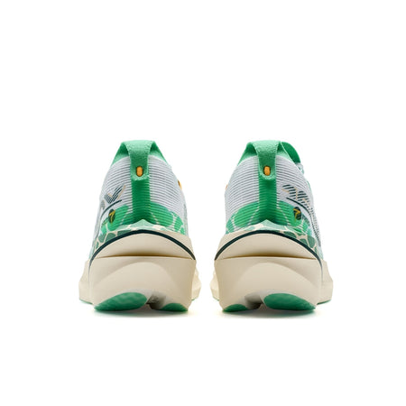 Pair of men's running shoes from behind, white uppers with green heel details