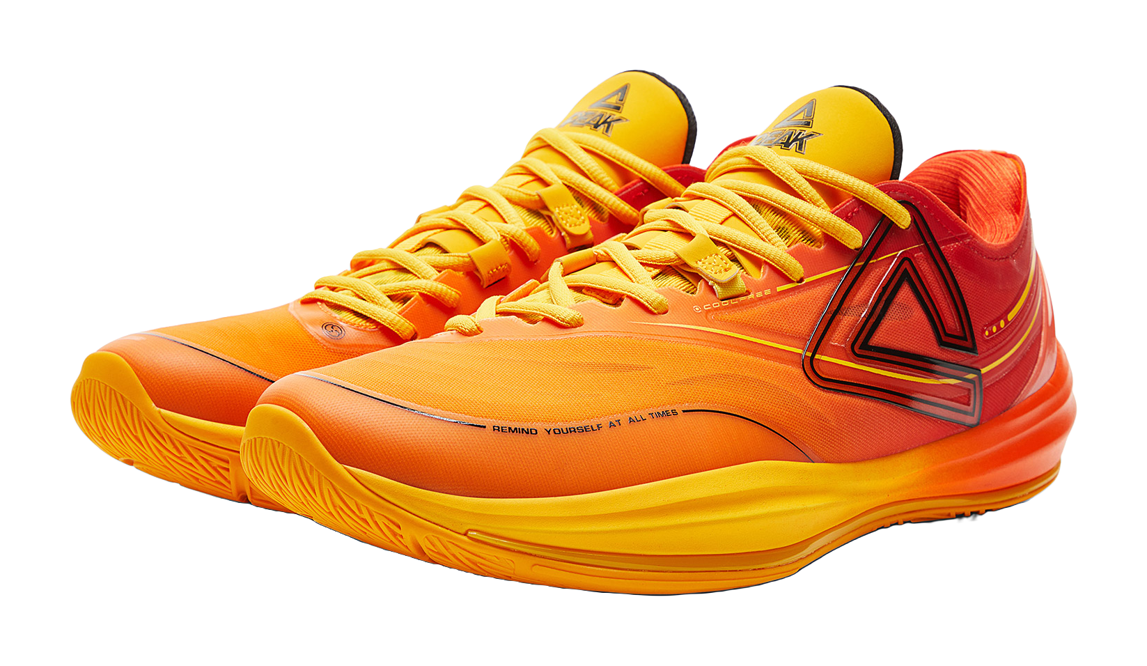 Basketball shoes pair with orange/yellow lace-up uppers and black side emblem