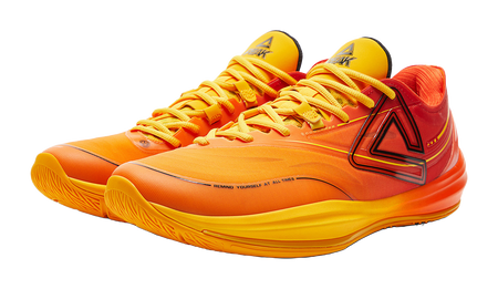 Basketball shoes pair with orange/yellow lace-up uppers and black side emblem