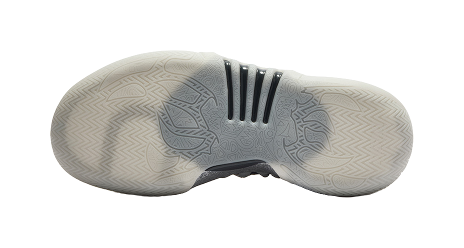 Basketball shoe outsole, light gray tread with zigzag and logo patterns