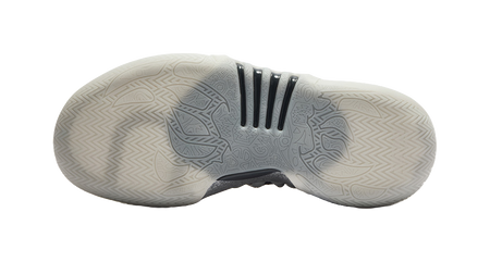 Basketball shoe outsole, light gray tread with zigzag and logo patterns