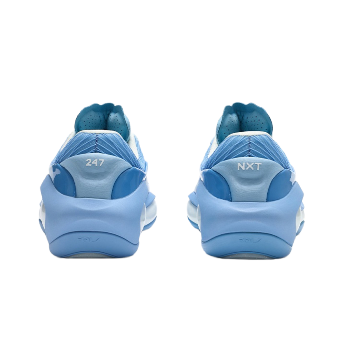 Back view of blue basketball shoes with heel cushioning and '247' and 'NXT' text