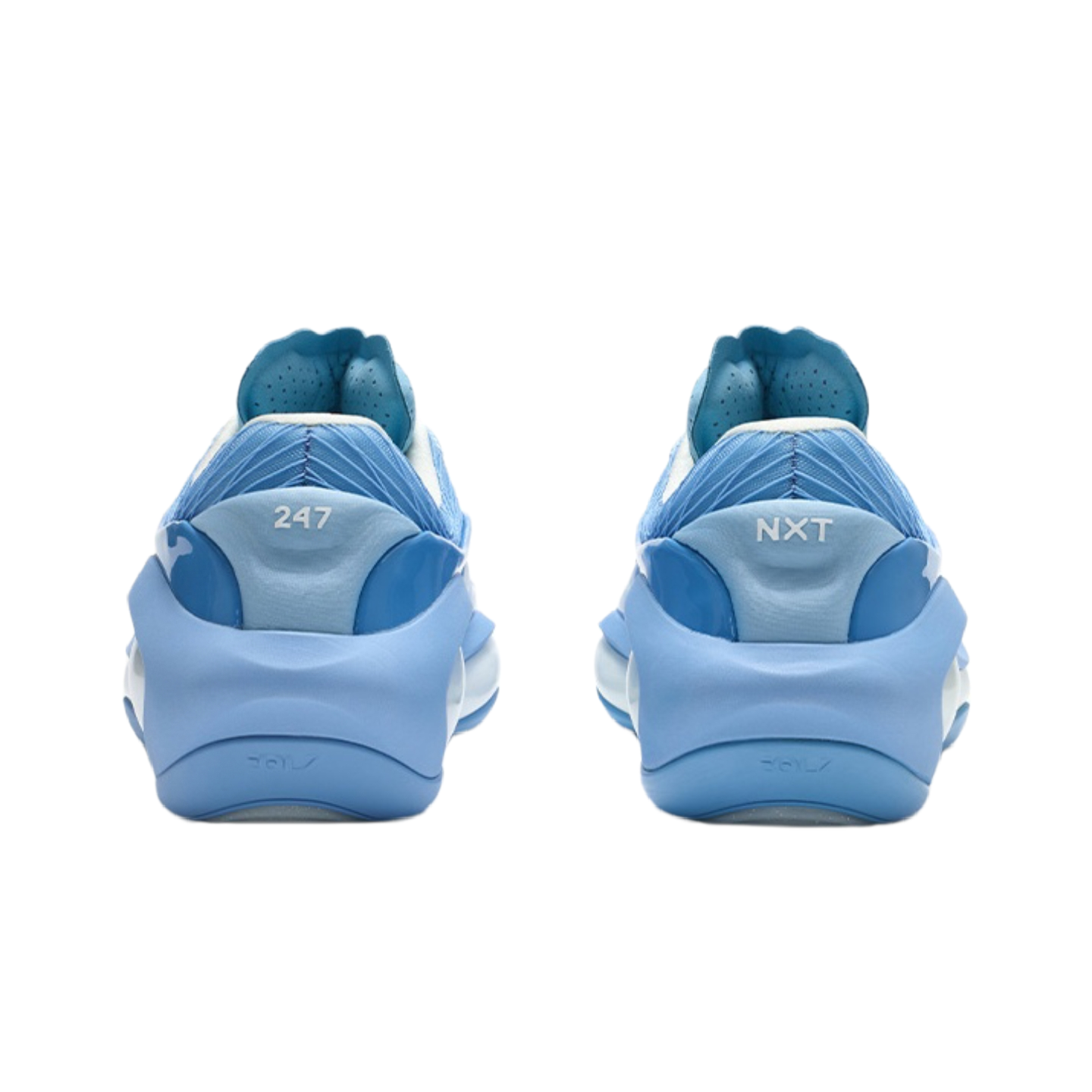 Back view of blue basketball shoes with heel cushioning and '247' and 'NXT' text