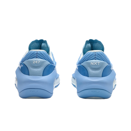 Back view of blue basketball shoes with heel cushioning and '247' and 'NXT' text
