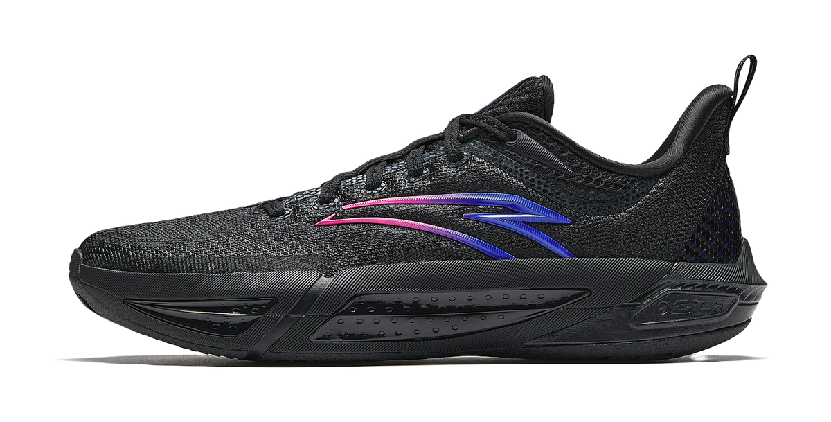 Black mesh basketball shoe with pink and blue stripe accents, lace-up