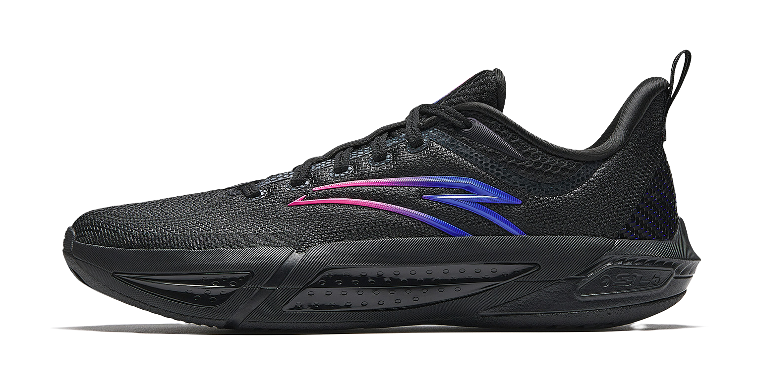 Black mesh basketball shoe with pink and blue stripe accents, lace-up
