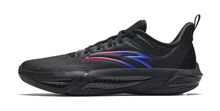 Black mesh basketball shoe with pink and blue stripe accents, lace-up