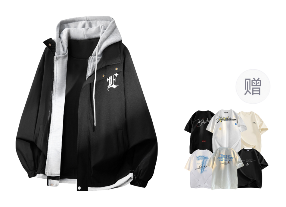 Warrior retro American solid color fake two-piece splicing contrasting loose and versatile hooded pilot with thick cotton lining, graphene heat storage insulation, warm work clothes, cotton jacket jacket, unisex  VJSNEAKER