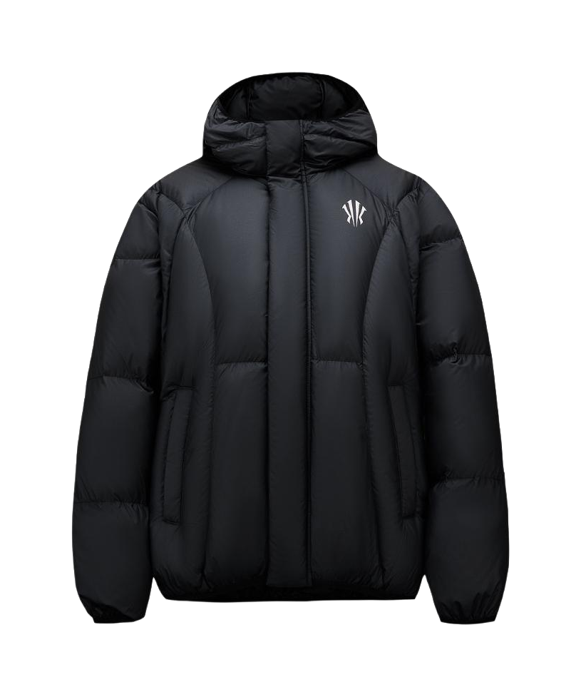 Unisex black down jacket with hood and full zipper, quilted puffer design