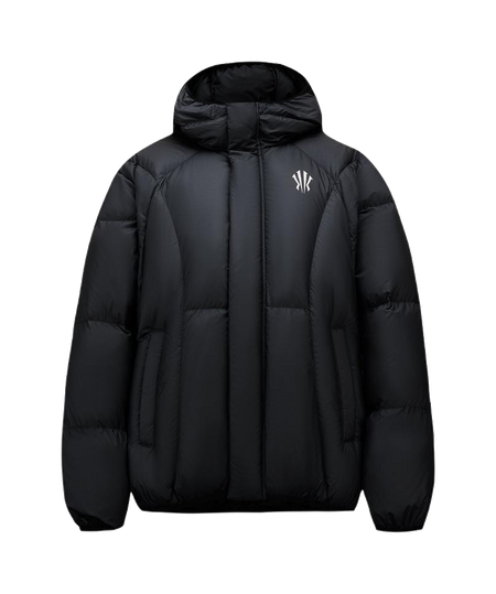 Unisex black down jacket with hood and full zipper, quilted puffer design