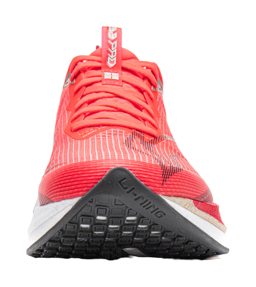 Li-Ning red running shoe outsole view with front grip tread and white midfoot edge