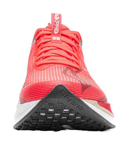 Li-Ning red running shoe outsole view with front grip tread and white midfoot edge