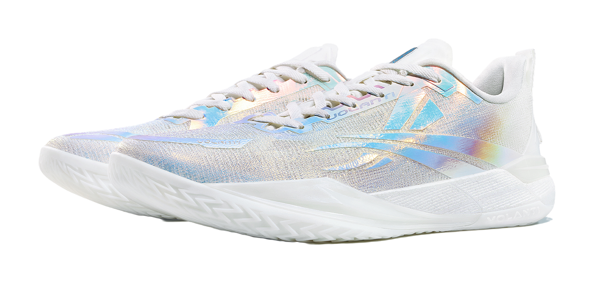 Low top basketball shoes in white and pale blue with iridescent upper, lace-up.