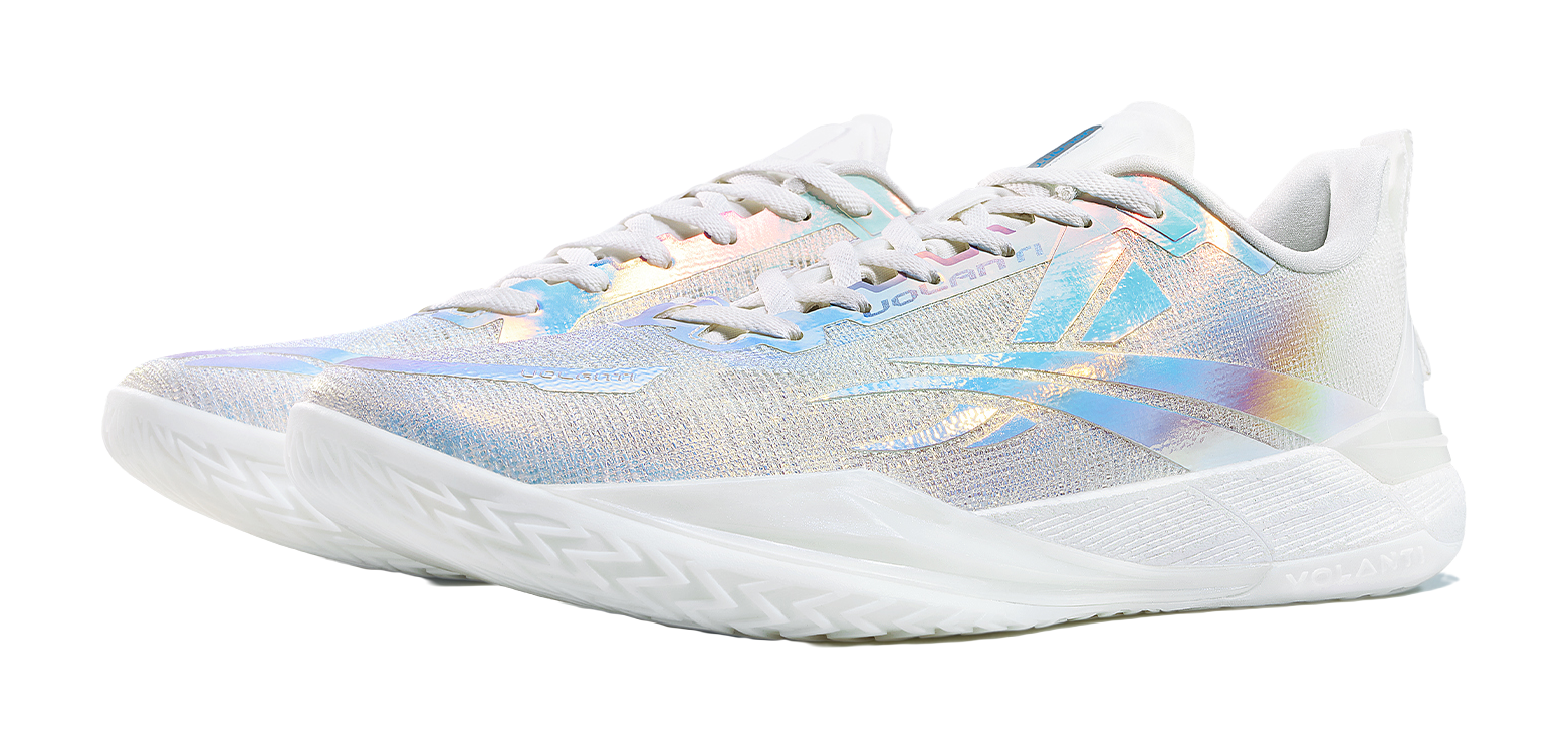 Low top basketball shoes in white and pale blue with iridescent upper, lace-up.