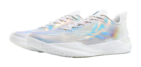 Low top basketball shoes in white and pale blue with iridescent upper, lace-up.