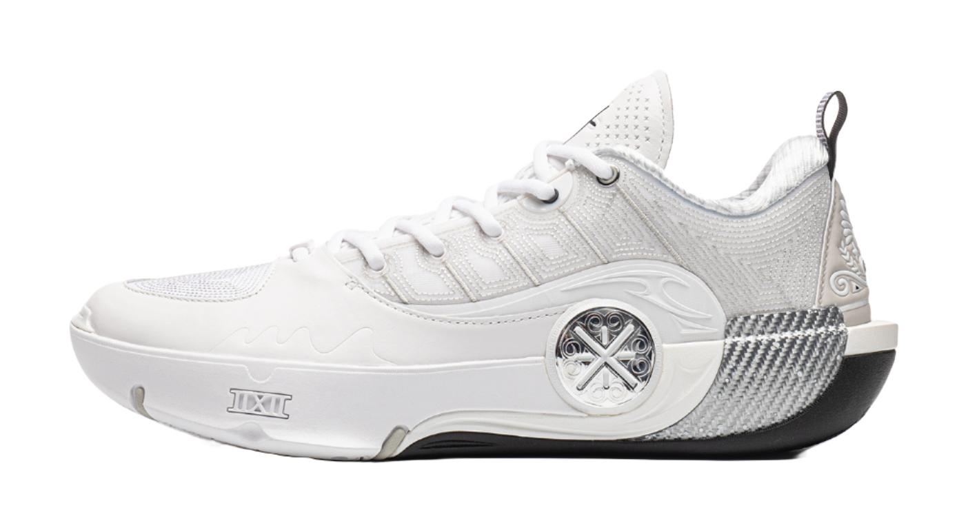 White basketball shoe with lace-up closure and sculpted side panel
