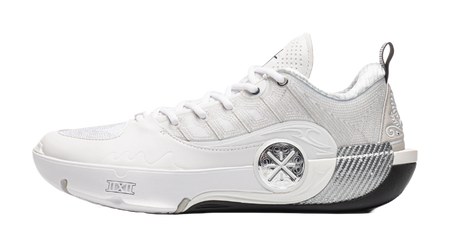 White basketball shoe with lace-up closure and sculpted side panel