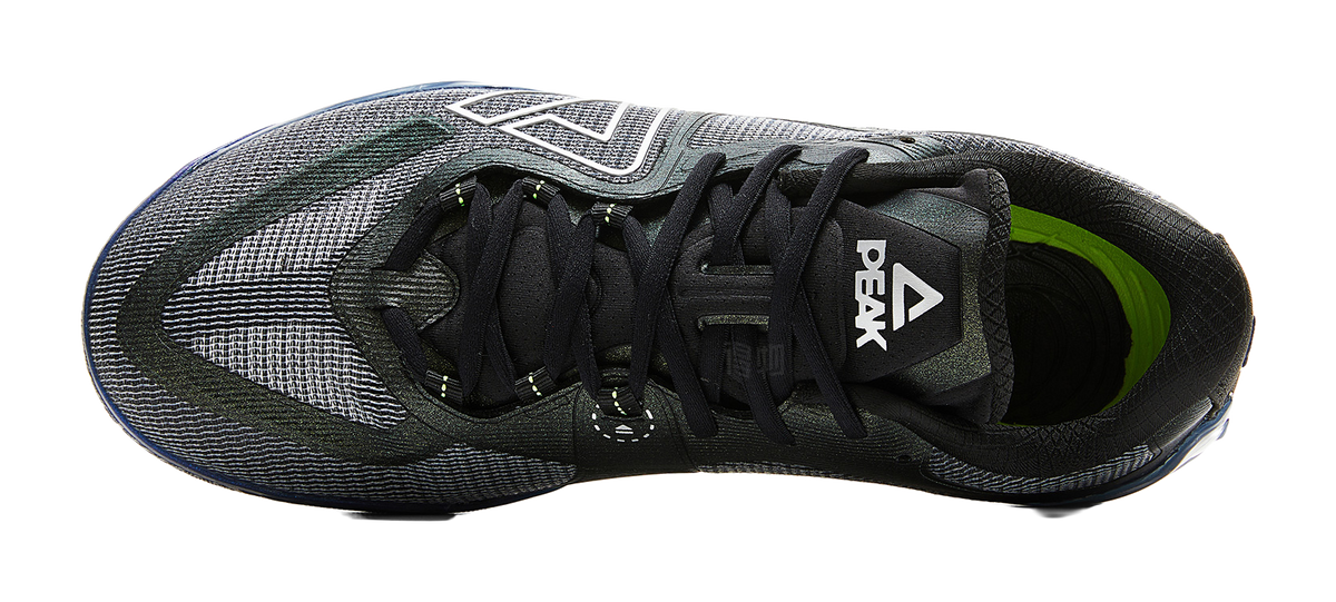 Rear view basketball shoe with black laces, PEAK heel tab, and textured blue outsole