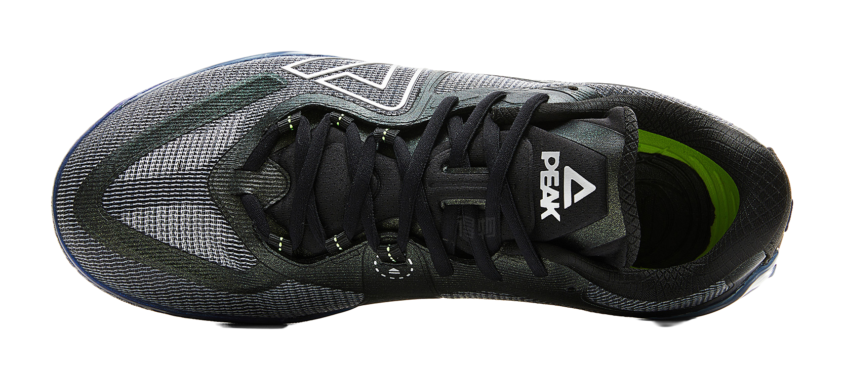 Rear view basketball shoe with black laces, PEAK heel tab, and textured blue outsole