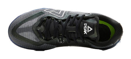 Rear view basketball shoe with black laces, PEAK heel tab, and textured blue outsole