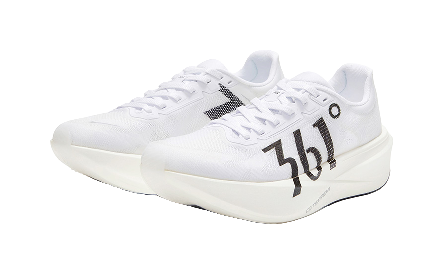 Pair of white low running shoes with black 361 flame logos and cream sole