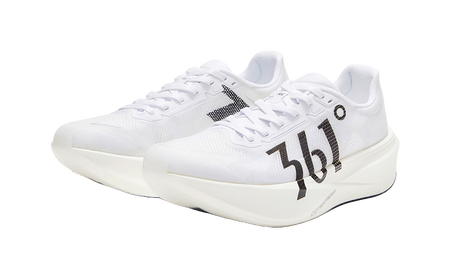 Pair of white low running shoes with black 361 flame logos and cream sole