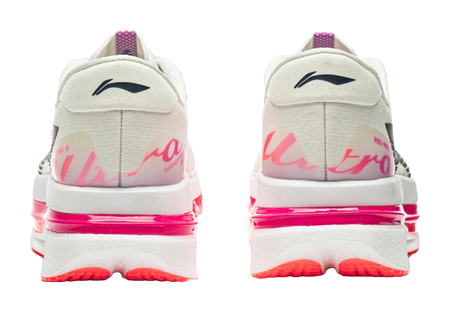 Men's low-top running shoes, white heel with pink accents and red outsole grip pods