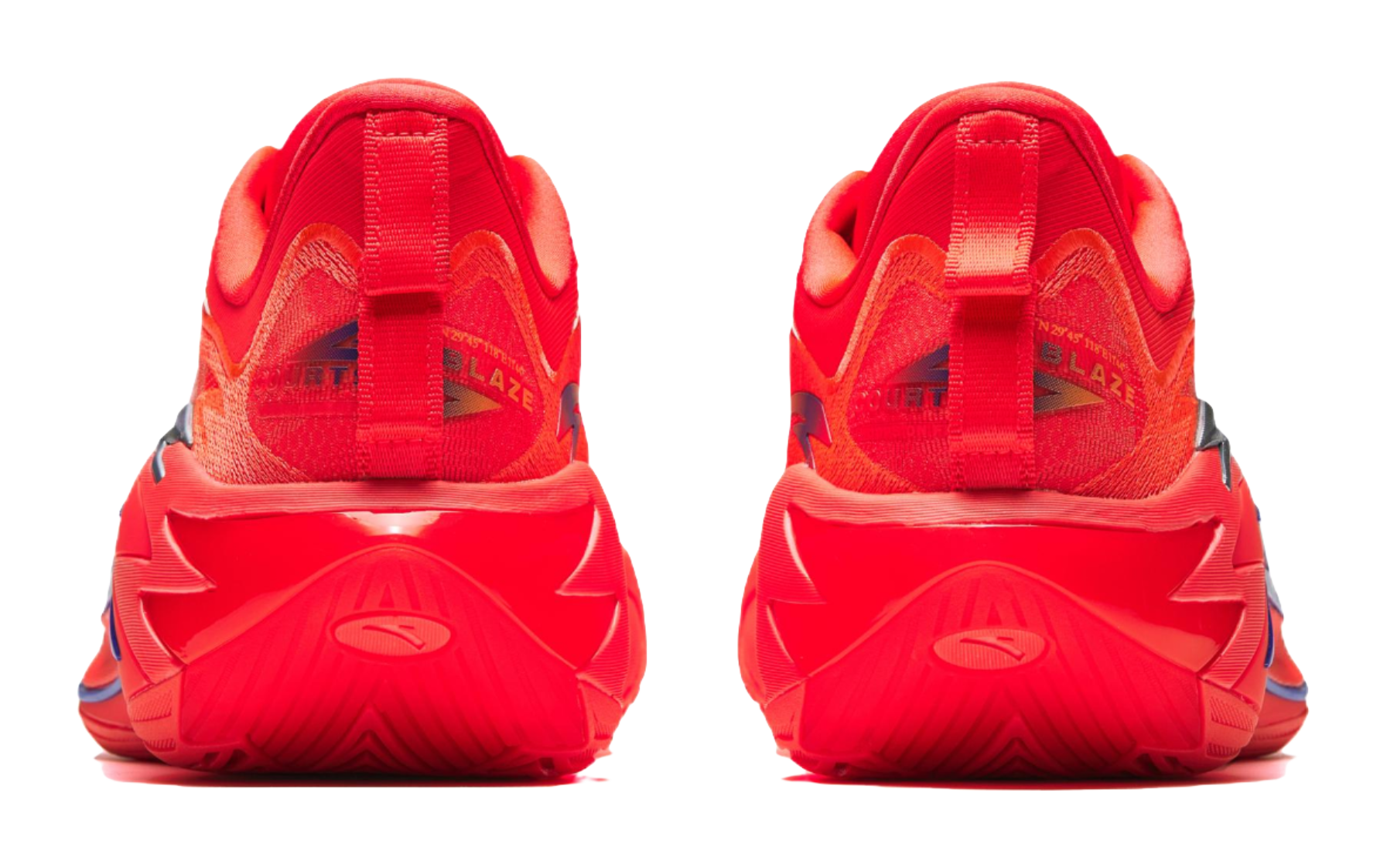 Pair of red basketball shoes, heel view, textured knit upper and molded tread sole