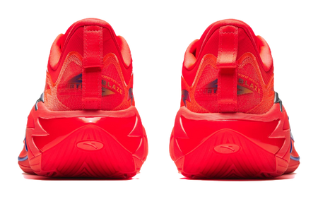 Pair of red basketball shoes, heel view, textured knit upper and molded tread sole