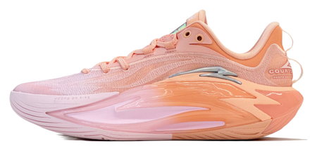 Light pink and orange basketball shoe with lace-up upper and court detailing