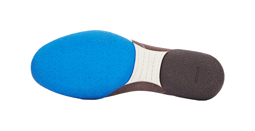 Low-top sneaker outsole view, blue rubber sole with brown upper and white midsole strip