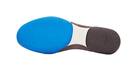 Low-top sneaker outsole view, blue rubber sole with brown upper and white midsole strip